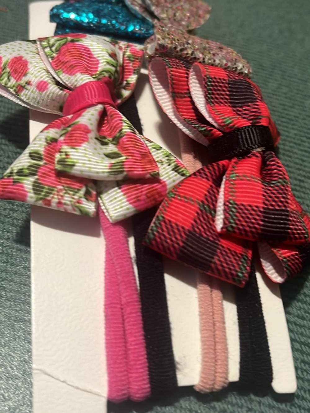 Kids Floral and Plaid Bow Hair Tie Set - Pink, Red, Black